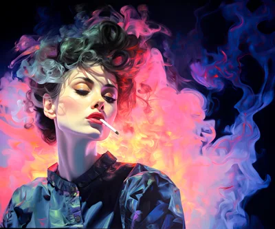 Stylish Woman Smoking With Vibrant Neon Smoke Background