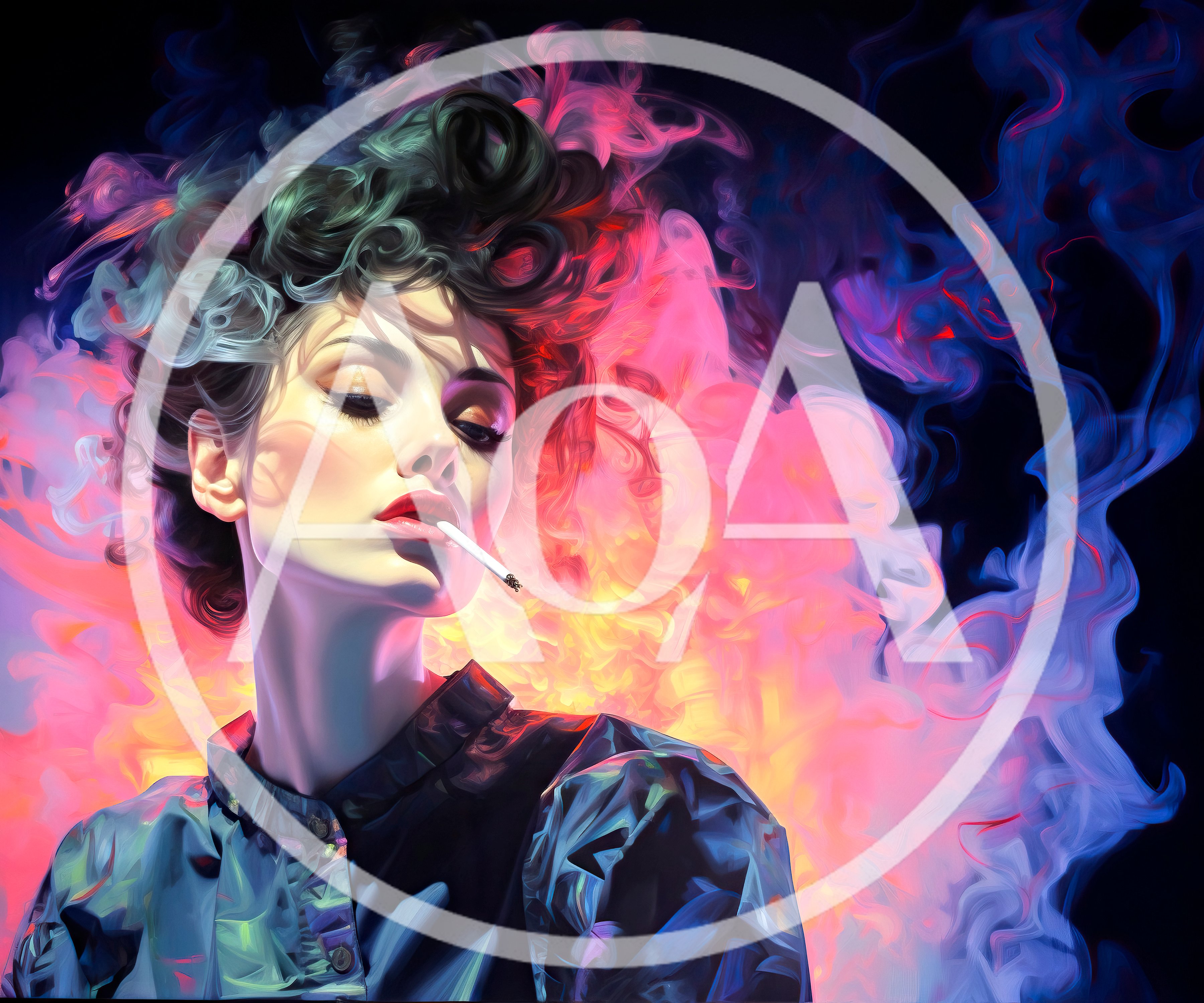 Stylish Woman Smoking With Vibrant Neon Smoke Background