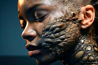 Close Up Portrait Of Woman With Reptilian Skin Transformation