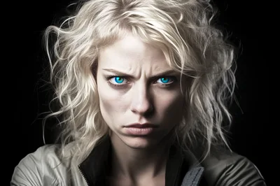 Portrait Of An Intense Woman With Piercing Blue Eyes
