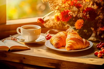 Morning Breakfast With Coffee And Croissants By A Window