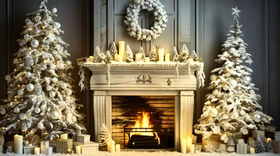 Festive Christmas Fireplace With Decorated Trees And Gifts