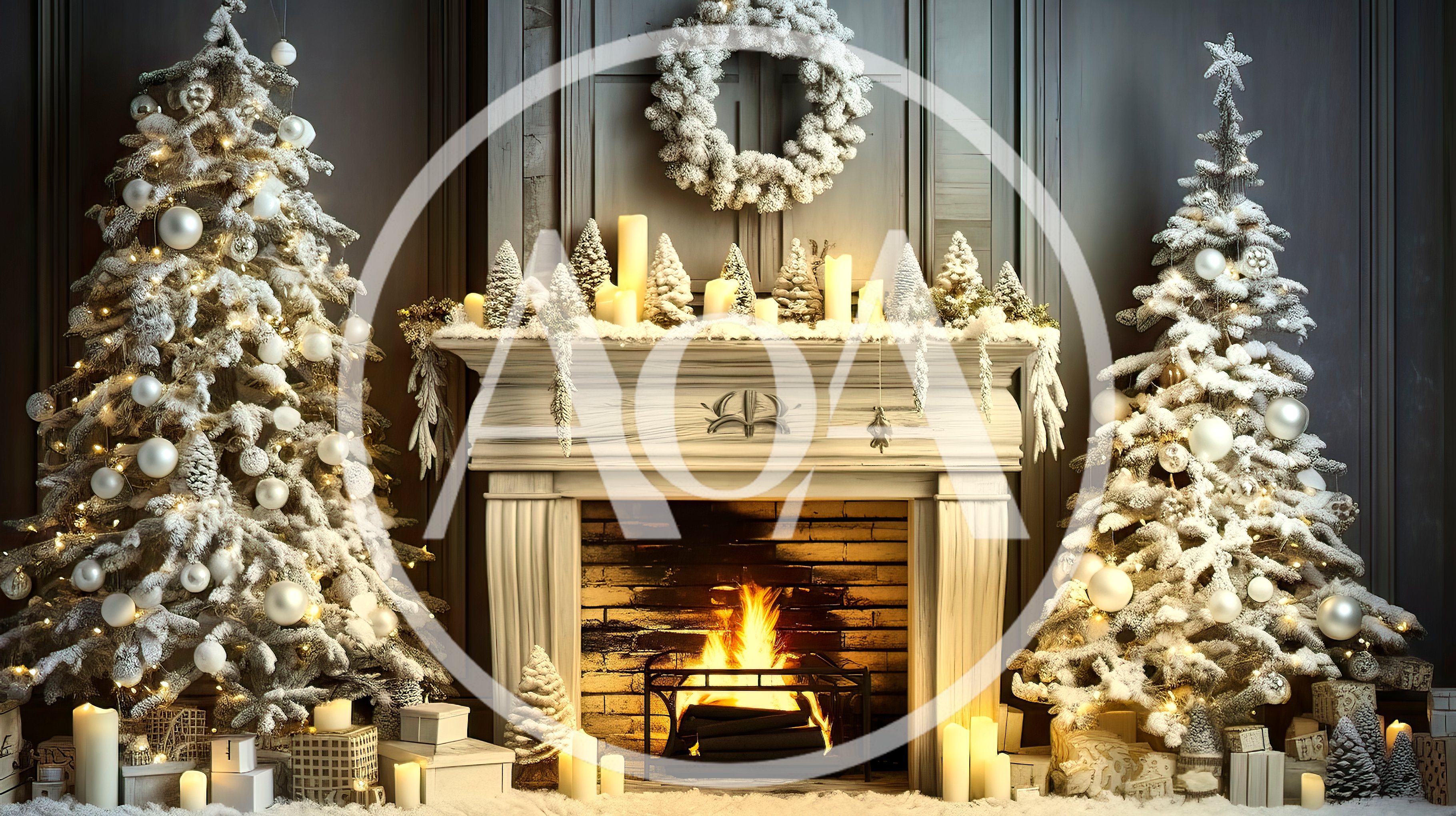 Festive Christmas Fireplace With Decorated Trees And Gifts