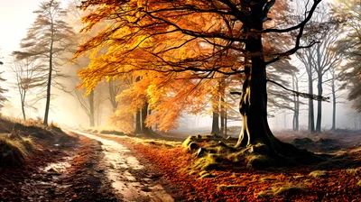 Golden Autumn Forest Path With Morning Mist