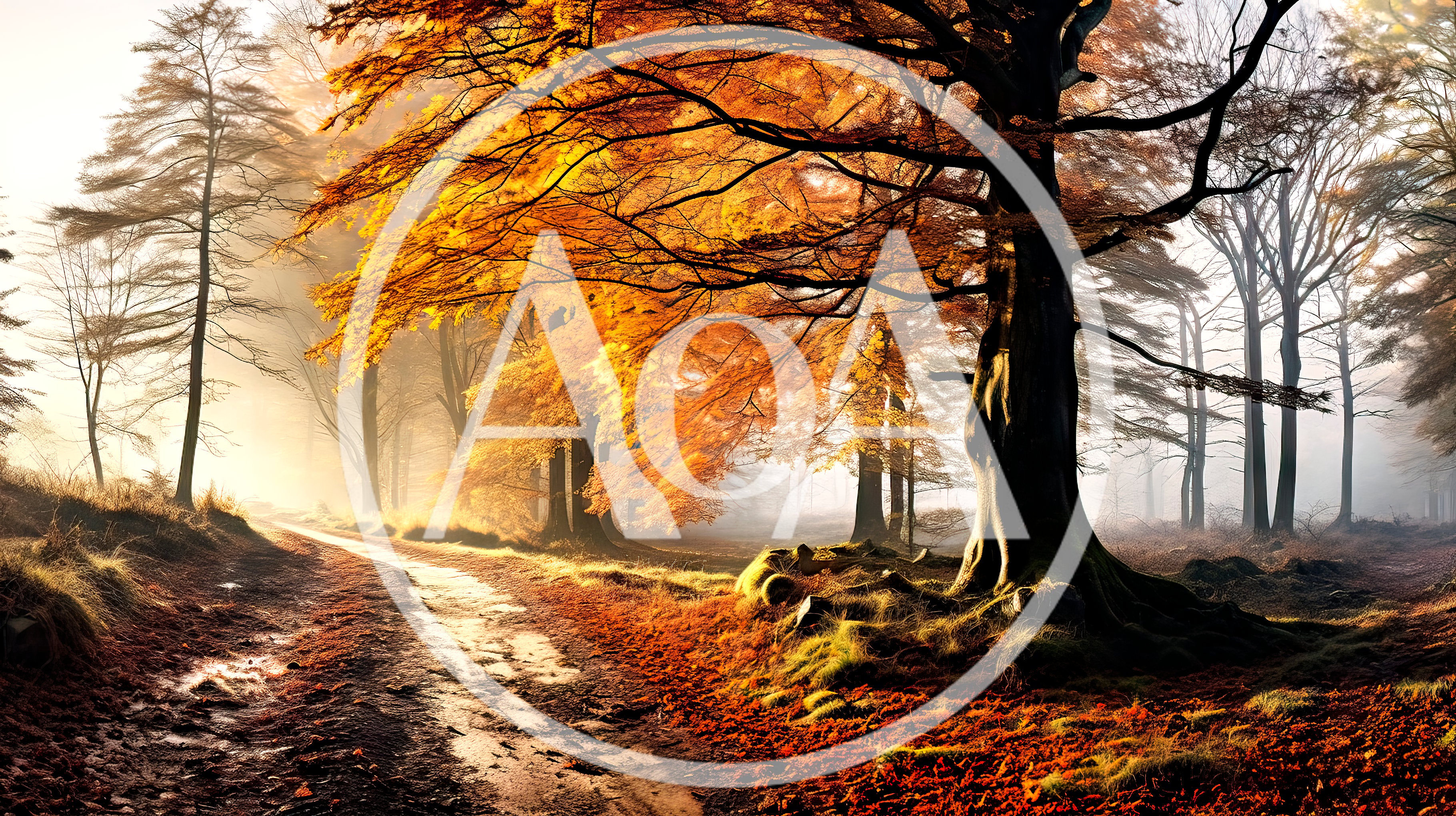 Golden Autumn Forest Path With Morning Mist