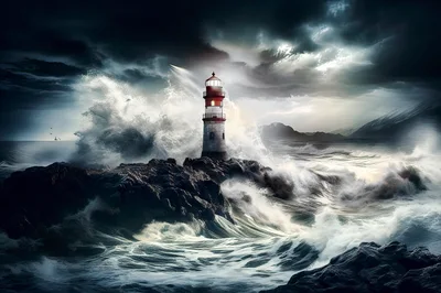 Lighthouse Standing Amidst A Violent Stormy Ocean