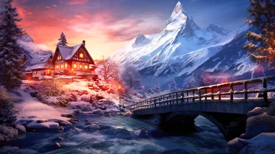 Cozy Alpine Cottage Beside A Snowy Mountain Stream