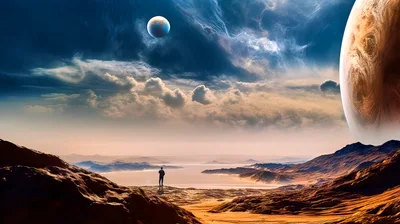 Lone Explorer Standing On Alien Planet Landscape