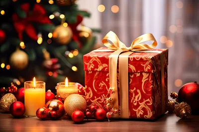 Christmas Gift Box With Candles And Ornaments