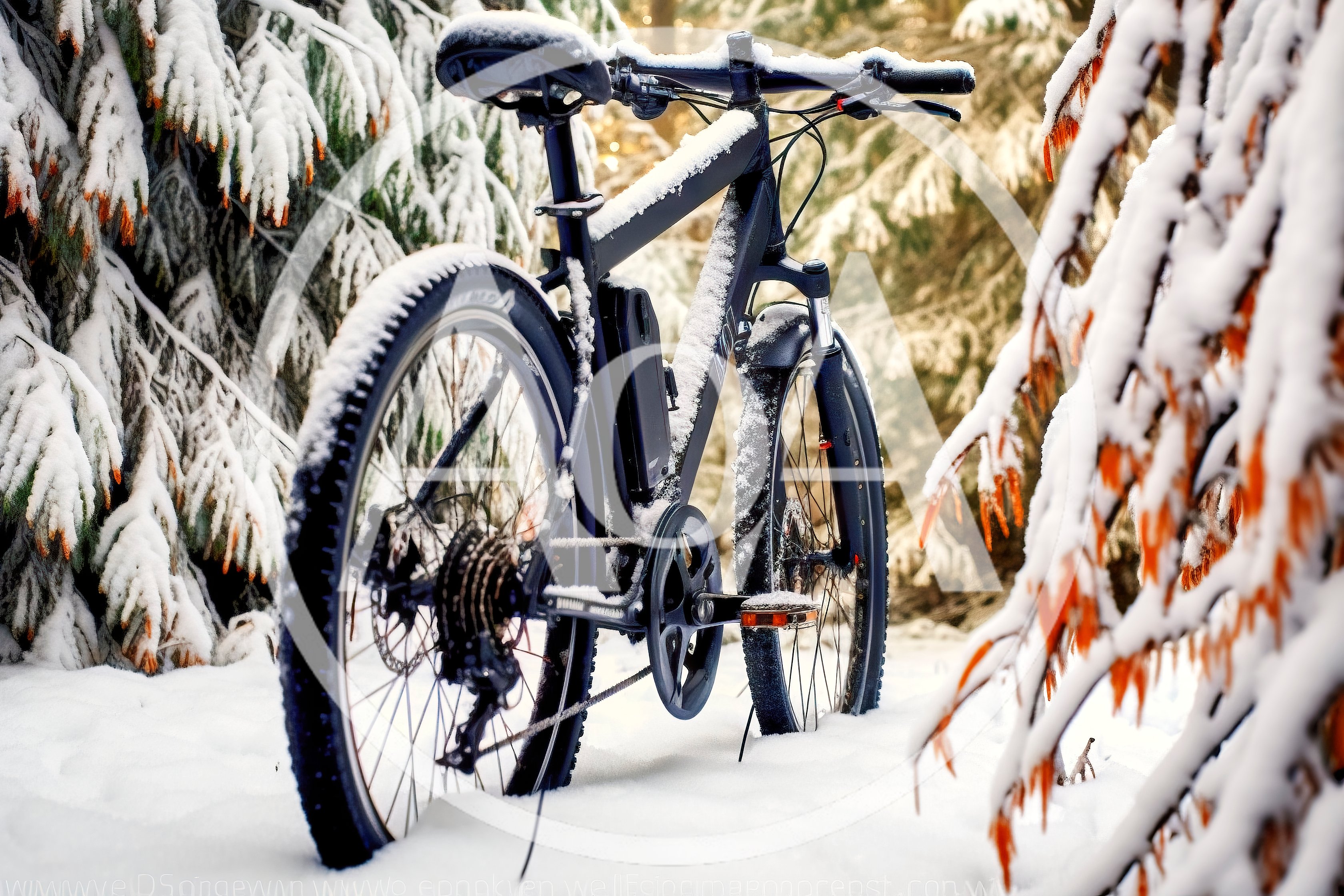 Electric Mountain Bike Parked In Snowy Forest