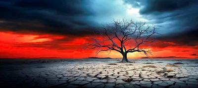 Dead Tree Standing In A Cracked Dry Desert Landscape