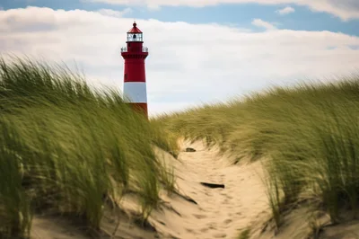 Red and White Lighthouse Behind Coastal Sand Dunes