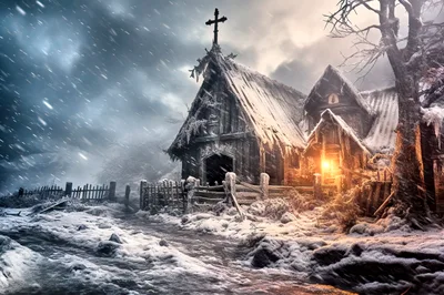 Snowy Gothic Church In A Winter Storm