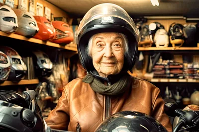 Elderly Woman Wearing Motorcycle Helmet In Gear Shop