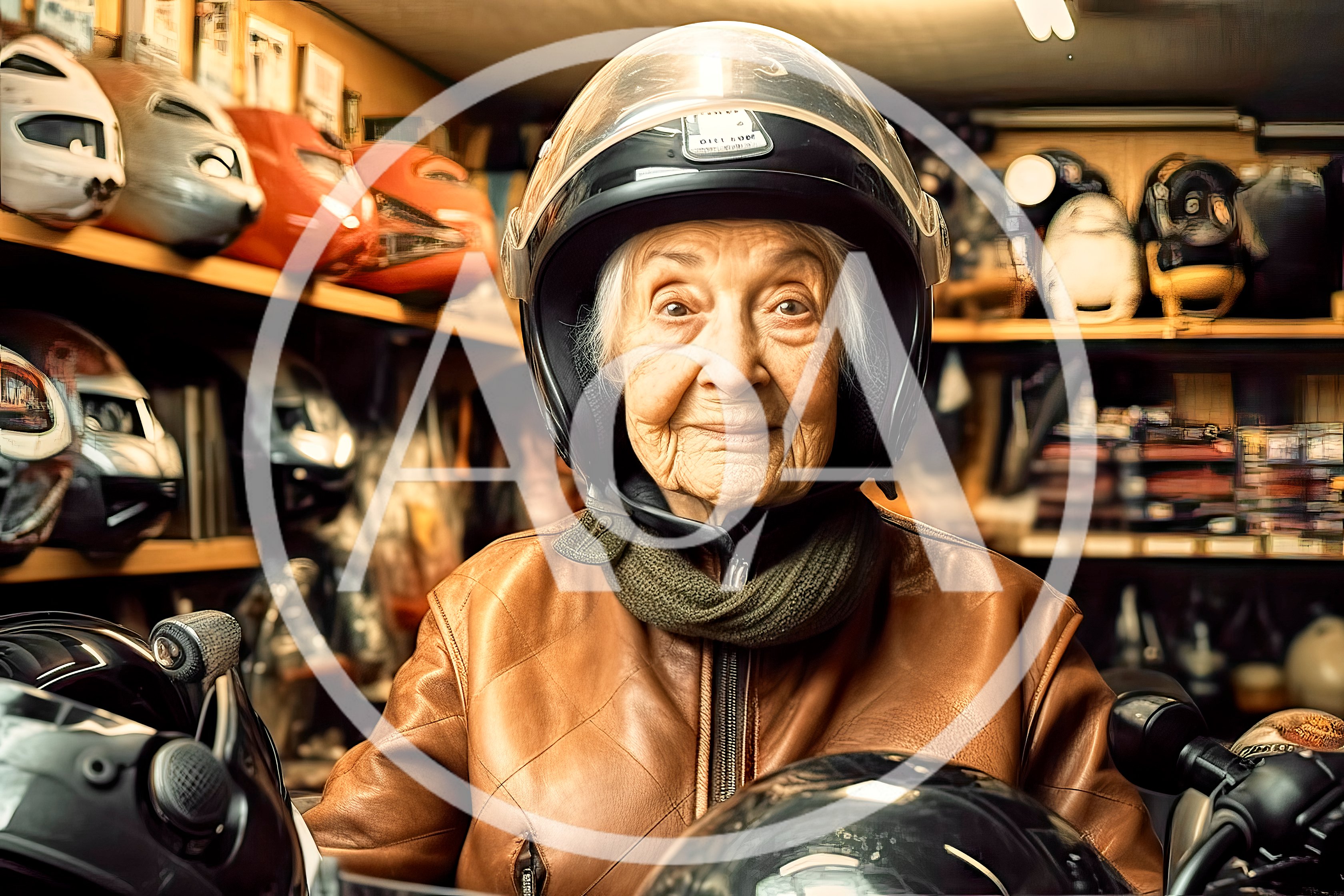 Elderly Woman Wearing Motorcycle Helmet In Gear Shop