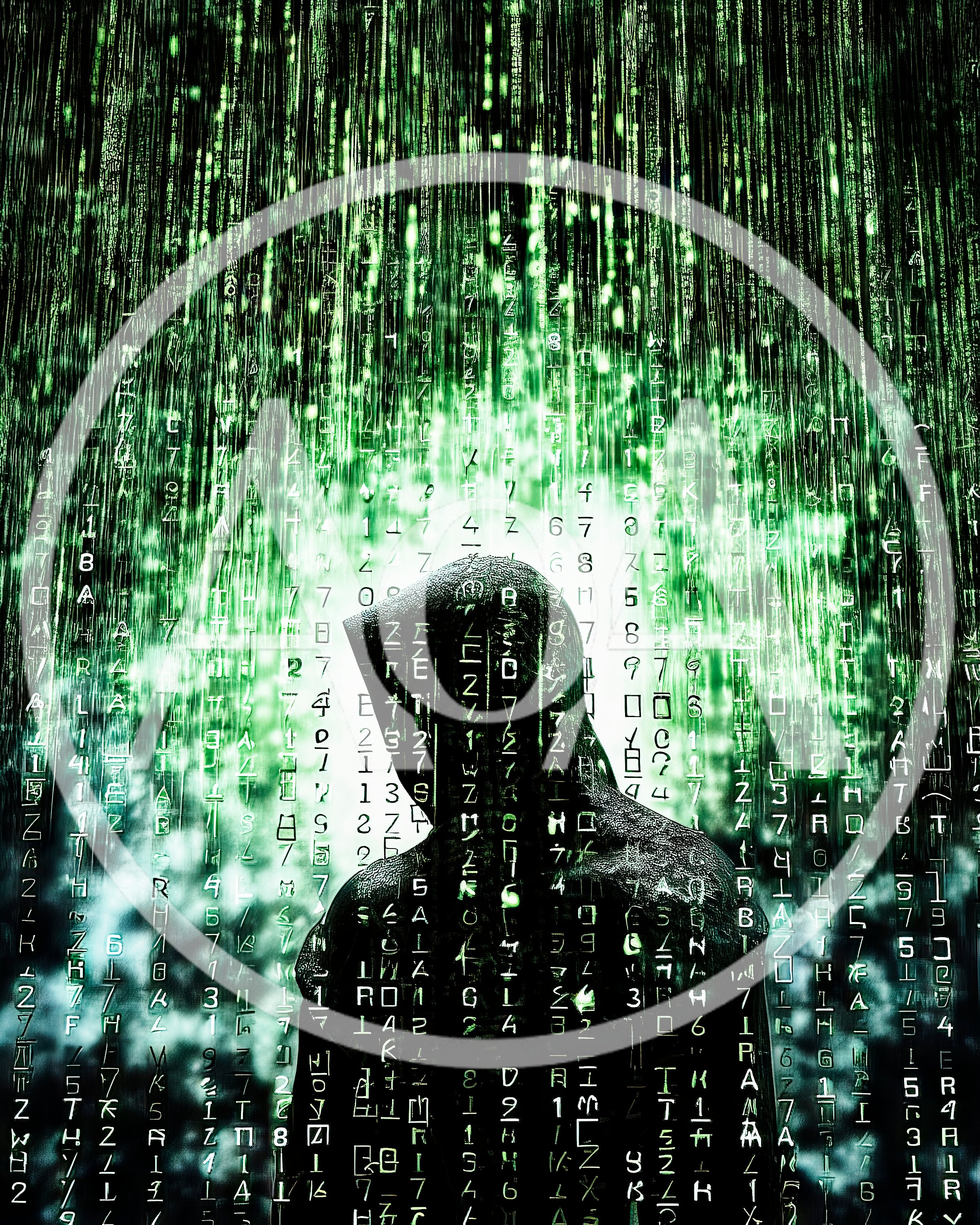 Digital Hacker Silhouette Against Matrix Style Code Rain