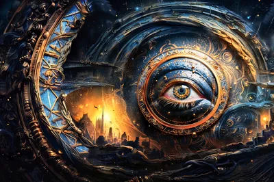 Surreal Eye Within Intricate Celestial Clockwork Mechanism