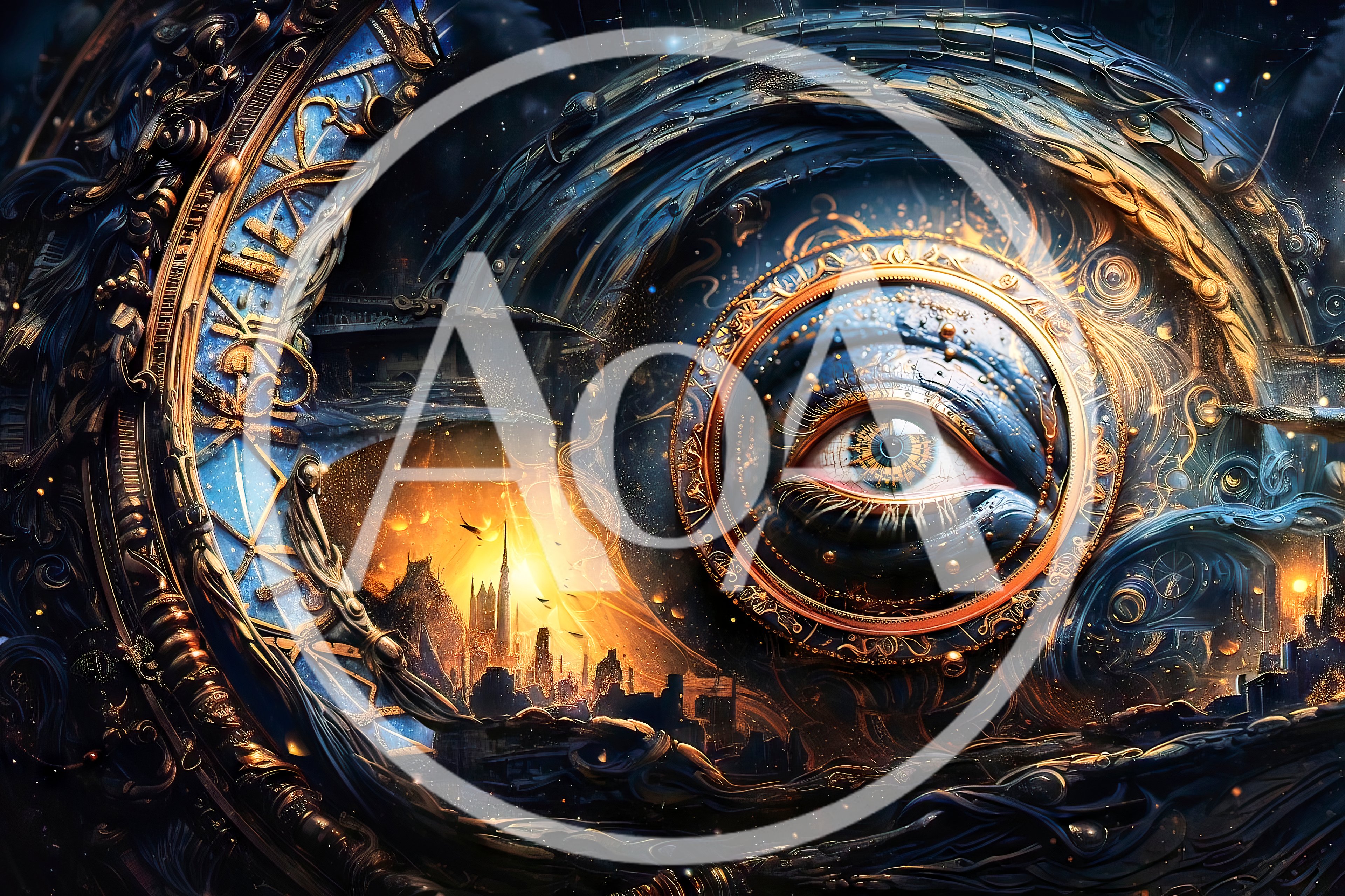 Surreal Eye Within Intricate Celestial Clockwork Mechanism