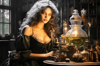 Young Woman Practicing Alchemy With A Cat