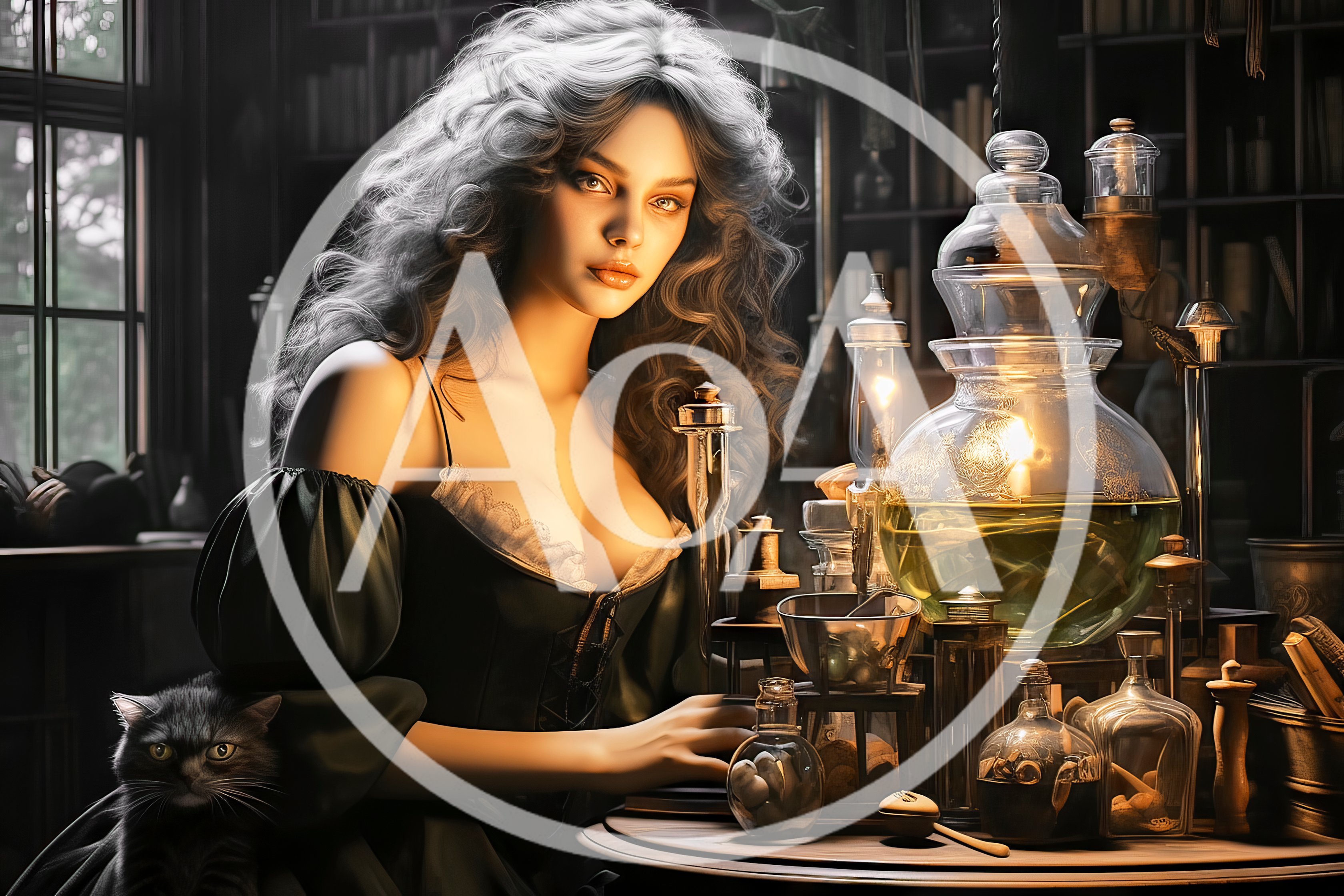 Young Woman Practicing Alchemy With A Cat
