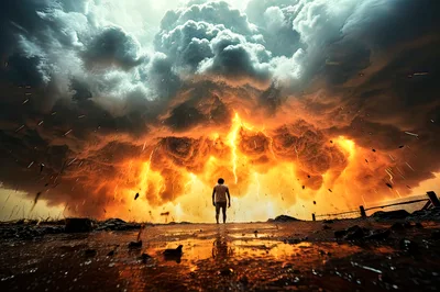 Lone Person Standing Before A Massive Fiery Storm