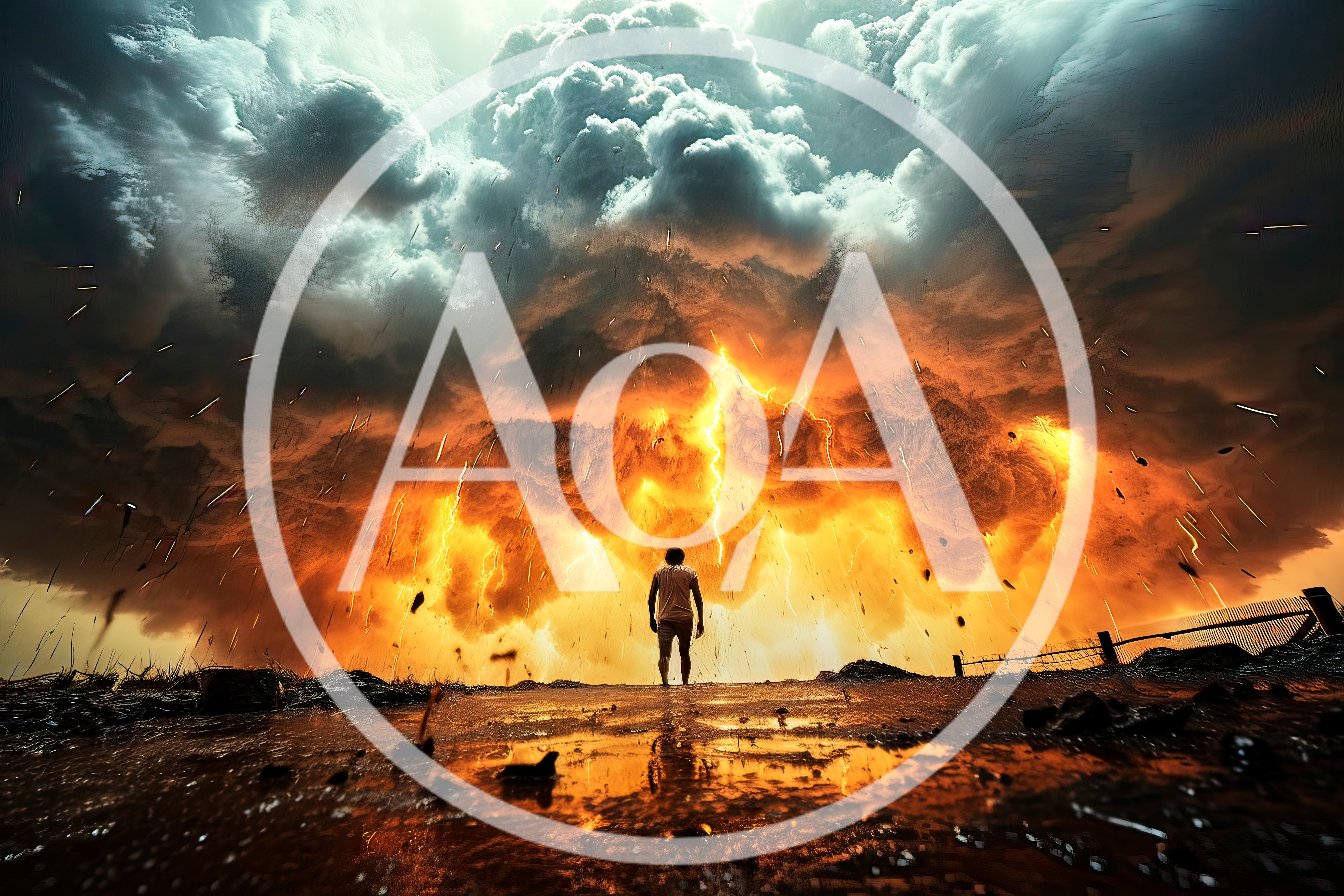 Lone Person Standing Before A Massive Fiery Storm