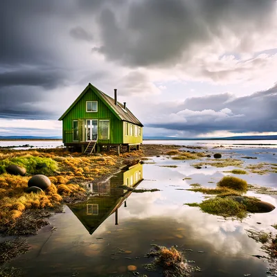 Green Wooden Cabin On Stilts By A Calm Lake
