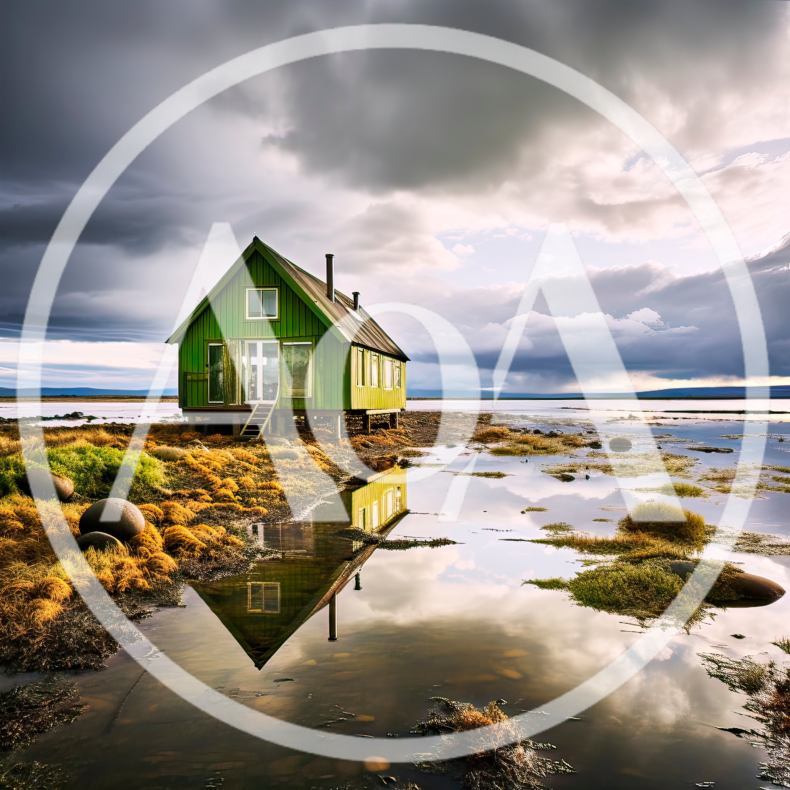 Green Wooden Cabin On Stilts By A Calm Lake