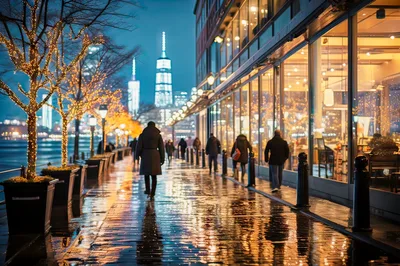 People Walking Along A Rainy Waterfront Promenade At Night