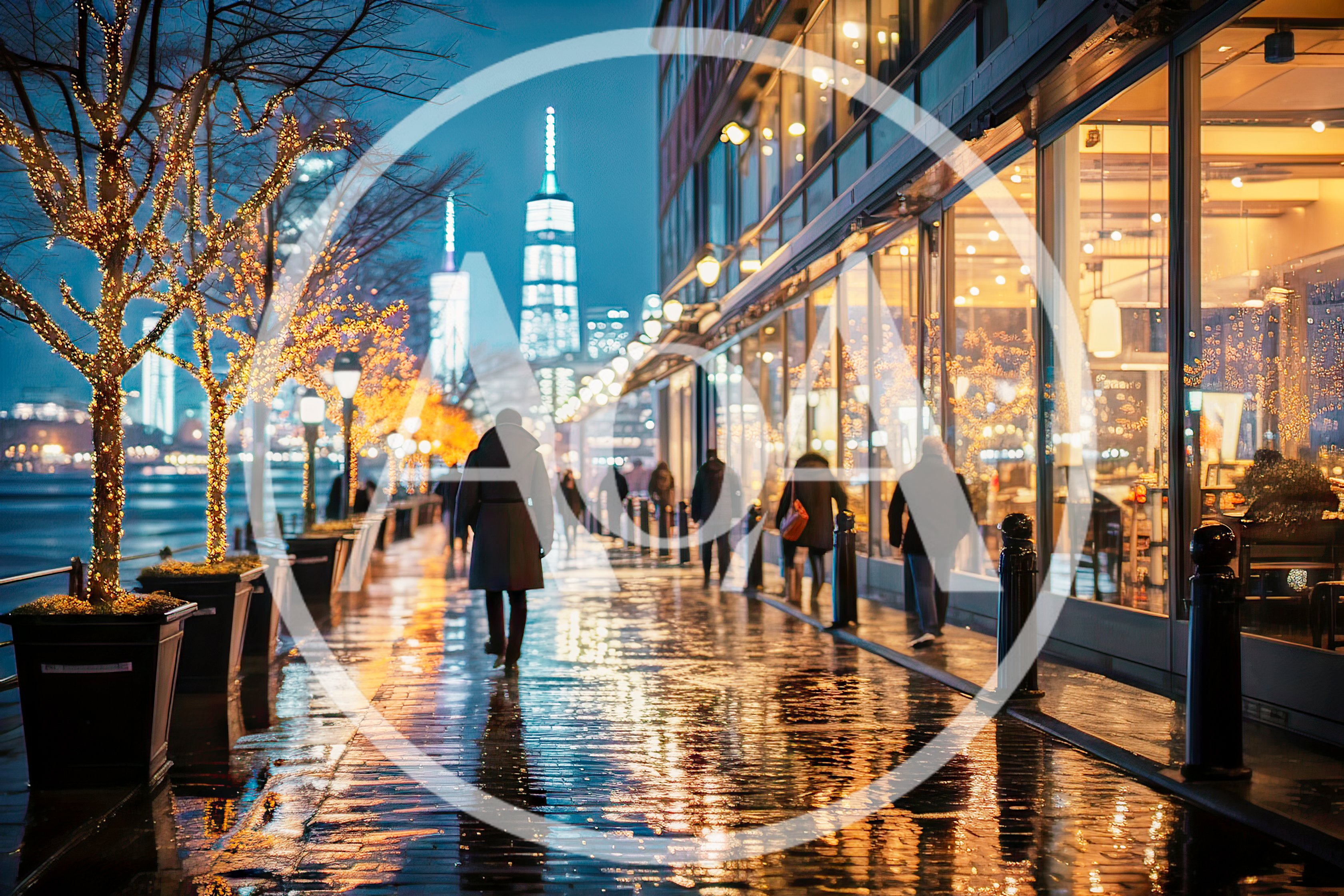 People Walking Along A Rainy Waterfront Promenade At Night