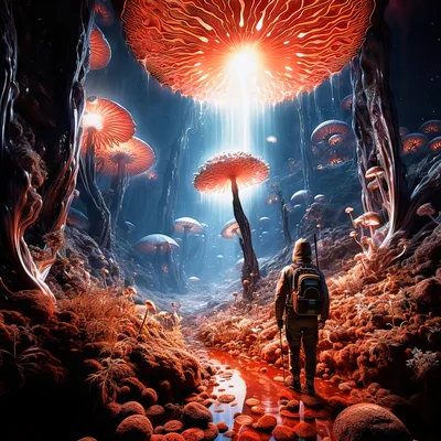 Explorer Walking Through Bioluminescent Alien Mushroom Forest