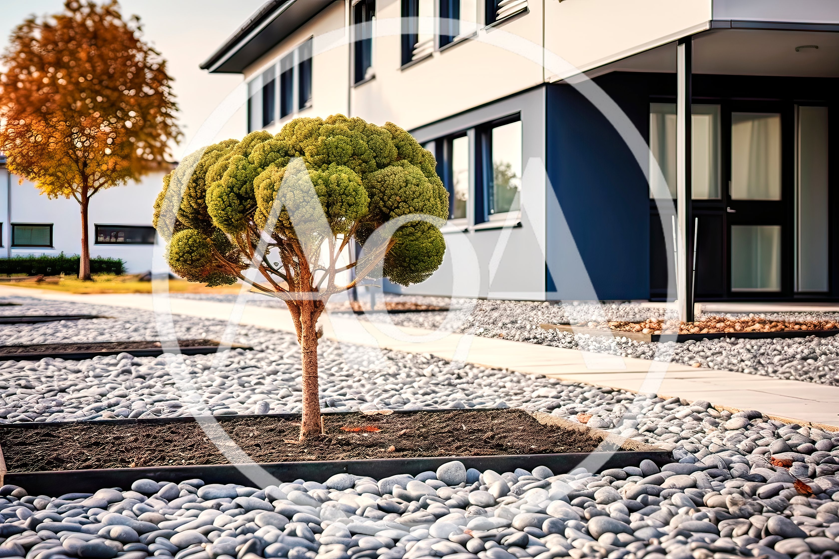 Modern Residential Building With Landscaped Garden And Tree