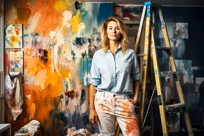 Female Artist Standing In Her Vibrant Painting Studio