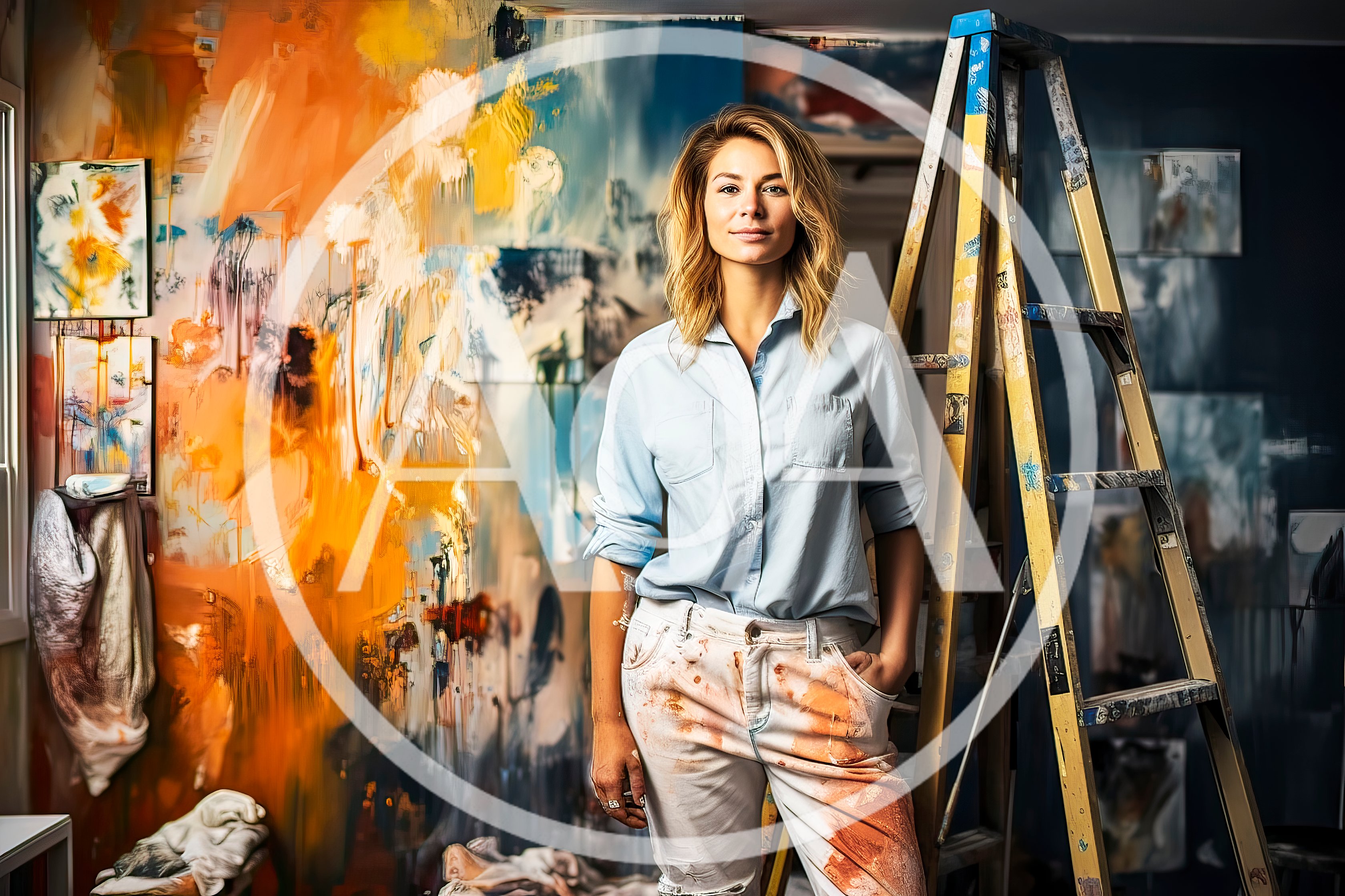 Female Artist Standing In Her Vibrant Painting Studio