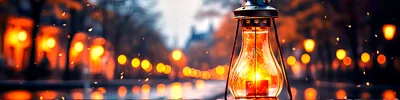 Vintage Oil Lantern Glowing On A Rainy Street