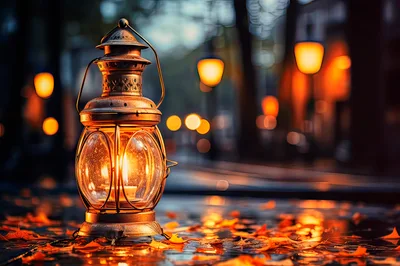 Vintage Lantern Glowing On Wet Autumn Street