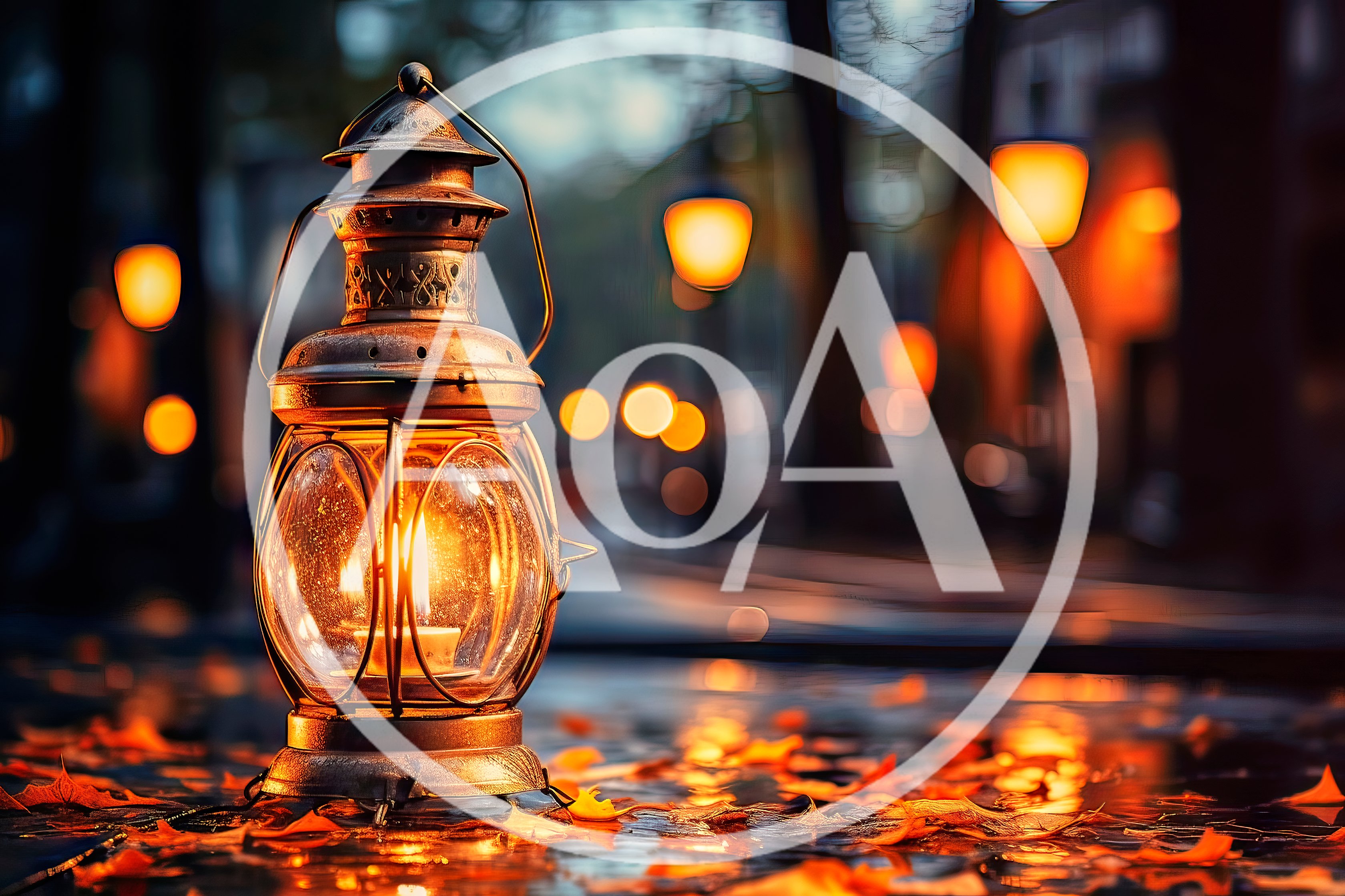 Vintage Lantern Glowing On Wet Autumn Street