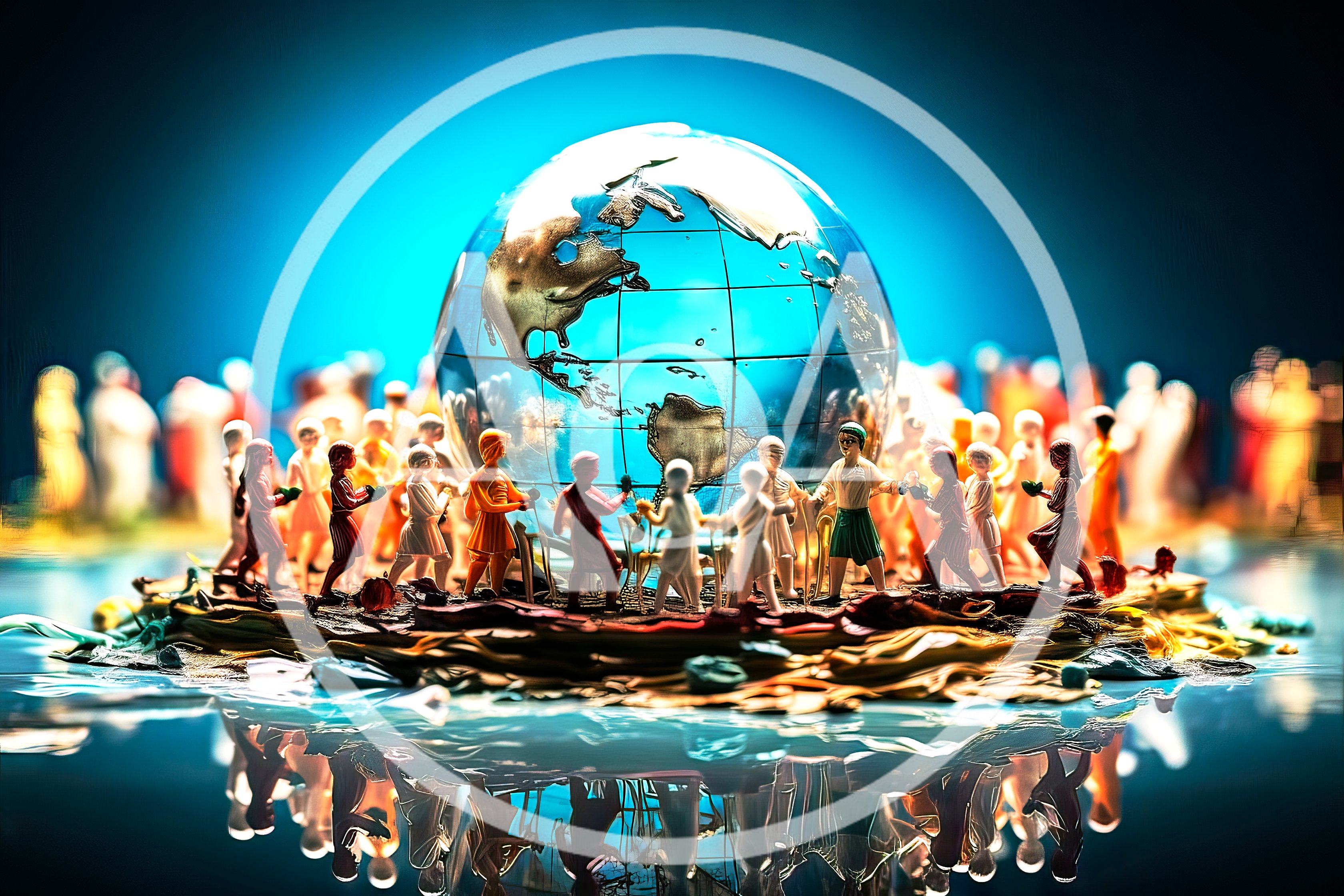 Miniature Figurines Holding Hands Around A Glass Globe