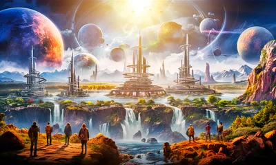Group Of People Observing A Futuristic Alien Cityscape