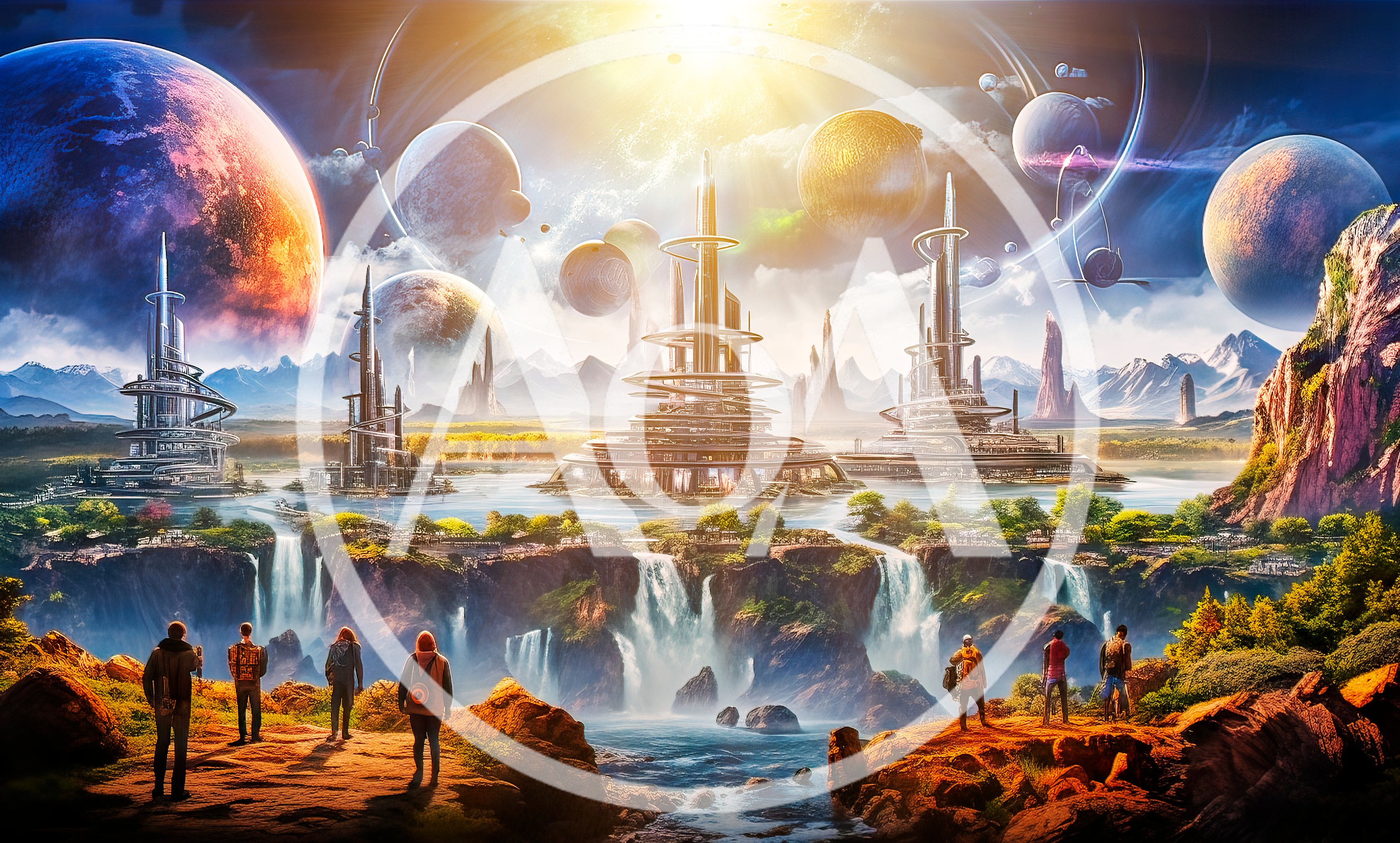 Group Of People Observing A Futuristic Alien Cityscape