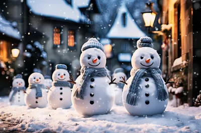 Group Of Cute Snowmen In A Snowy Village