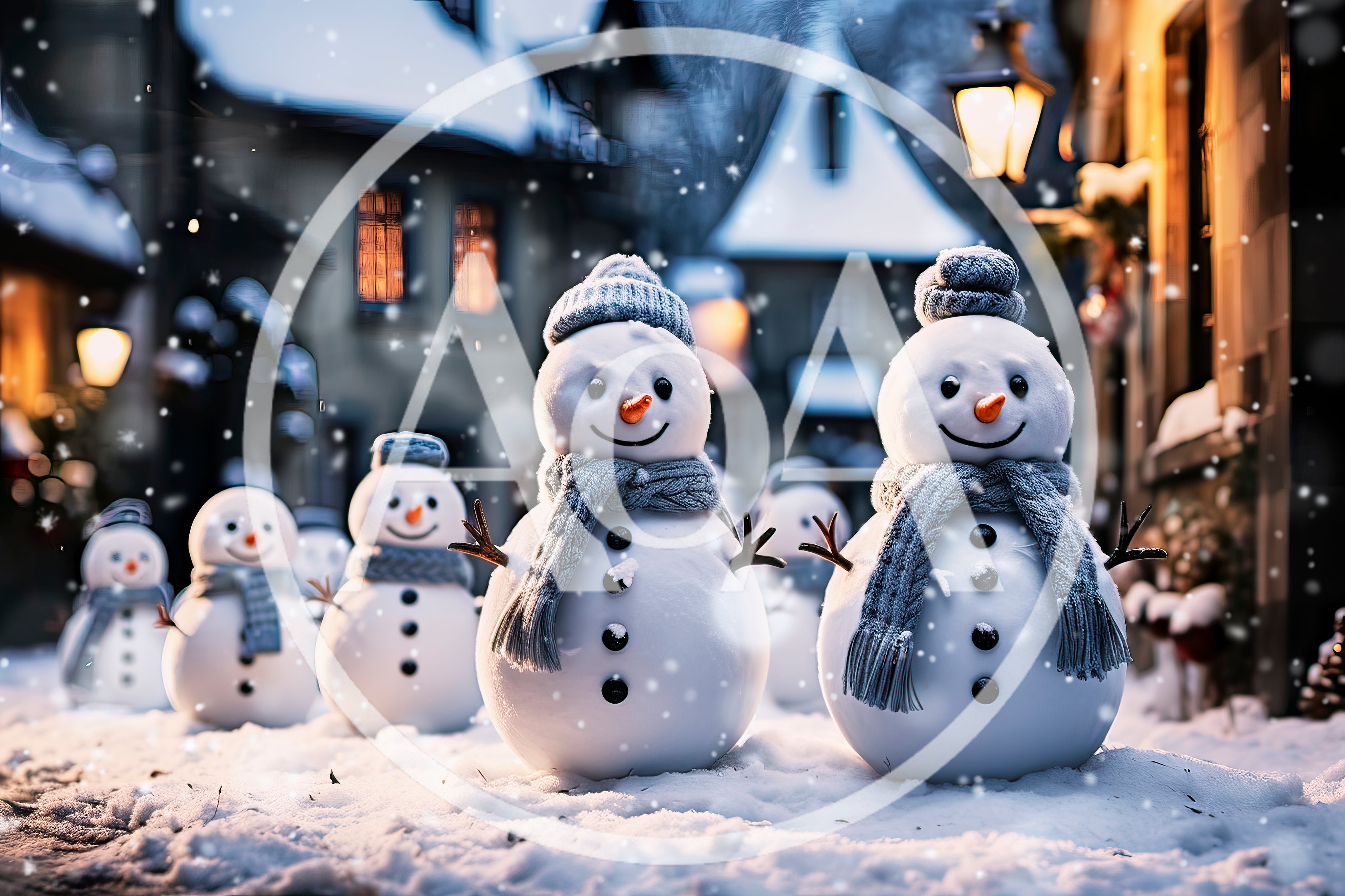 Group Of Cute Snowmen In A Snowy Village