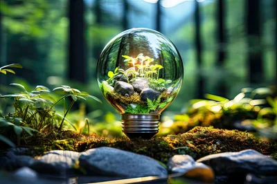 Light Bulb Terrarium With Plants In Forest