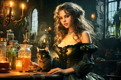 Enchanting Witch With Black Cat In Candlelit Alchemy Lab