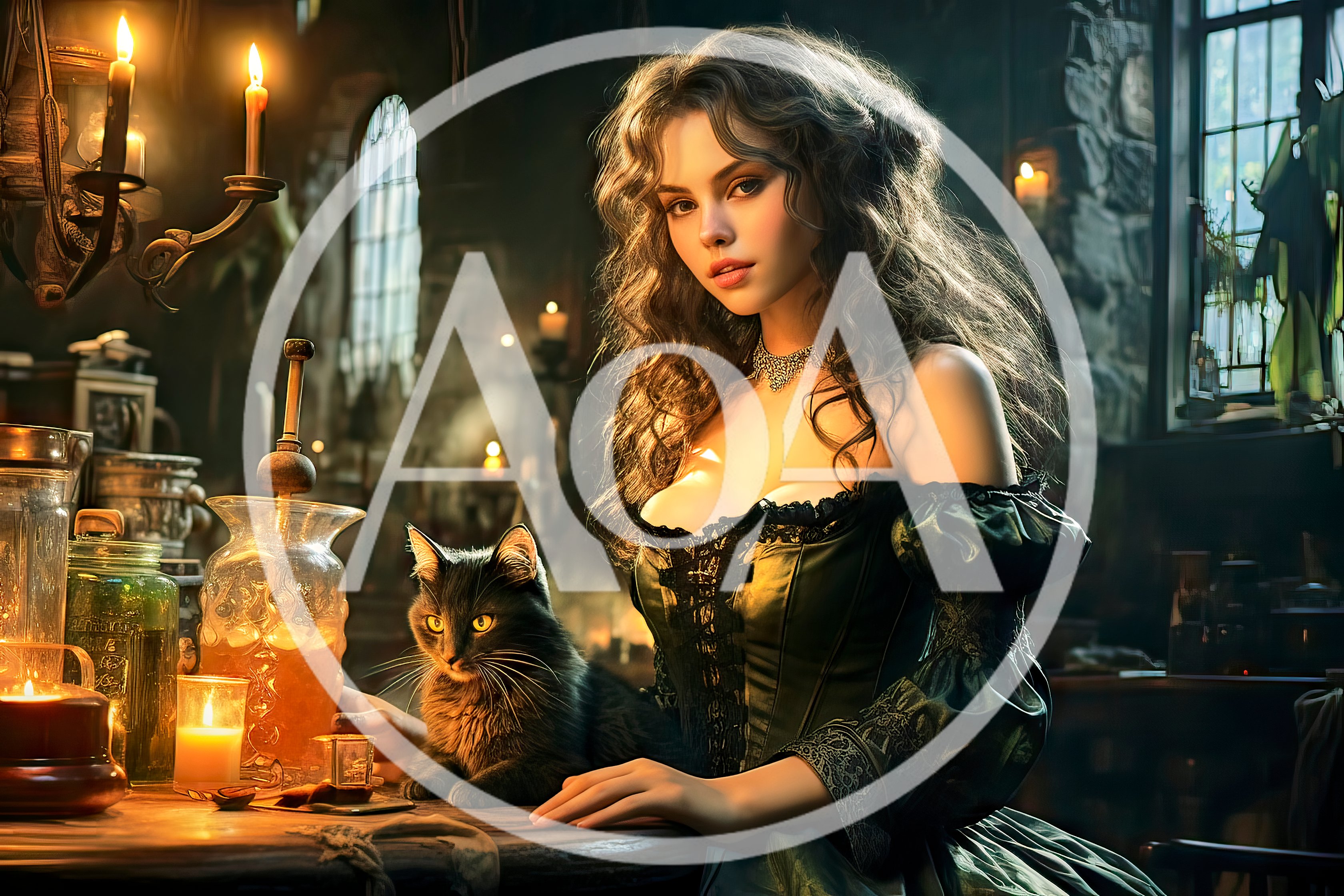 Enchanting Witch With Black Cat In Candlelit Alchemy Lab