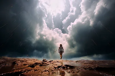 Woman Walking Toward Dramatic Stormy Sky