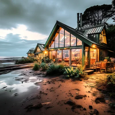 Modern Beachfront Cabin At Twilight