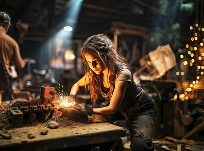 Young Woman Grinding Metal In A Workshop