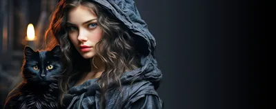 Mystical Woman With Black Cat In Hooded Cloak
