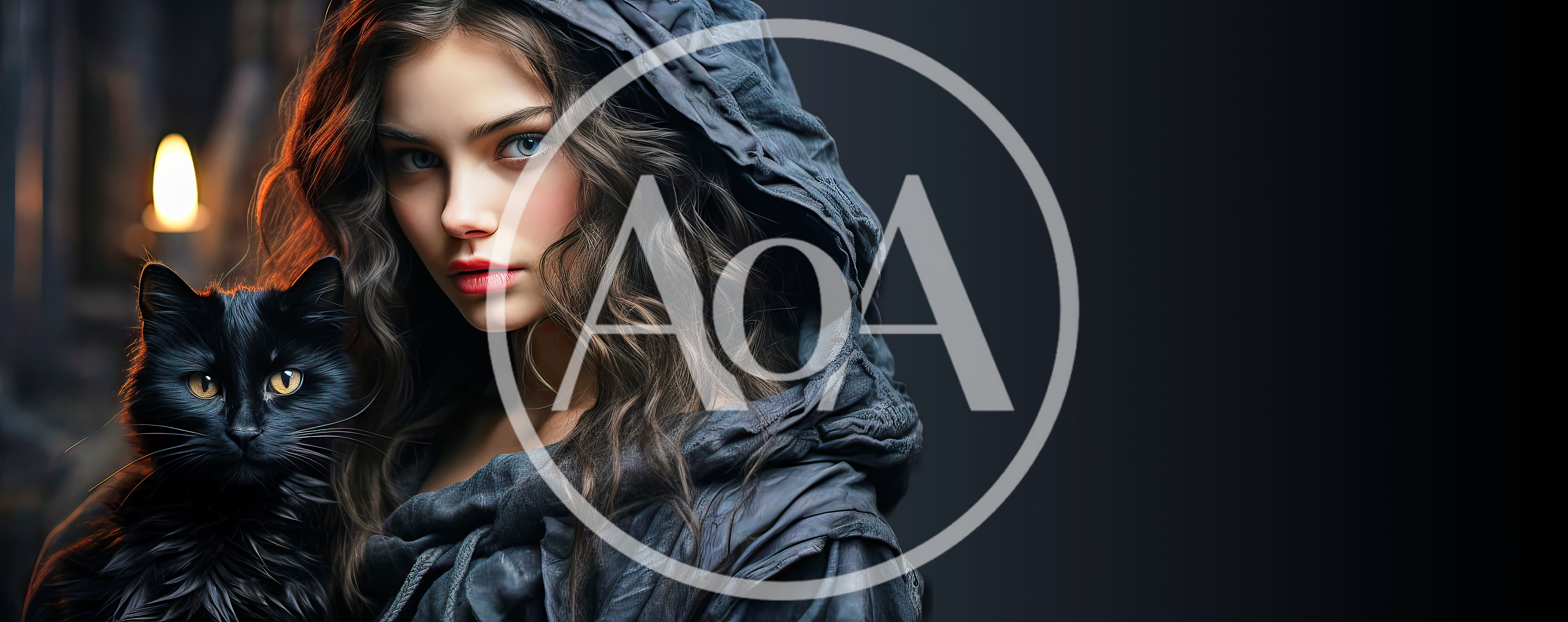 Mystical Woman With Black Cat In Hooded Cloak